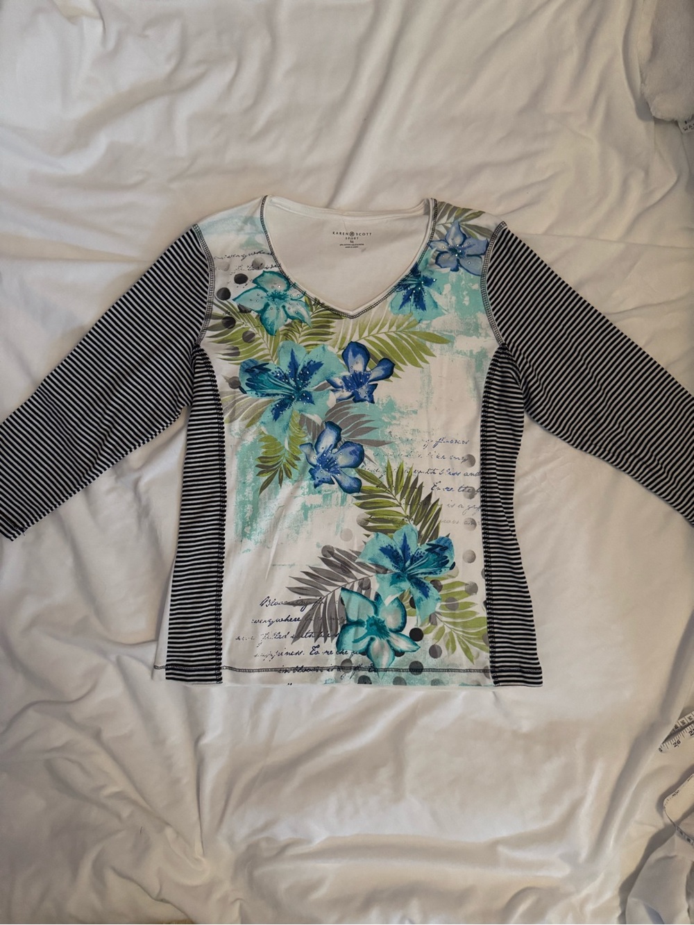 Karen Scott White V-Neck Floral Cropped Sleeve Top with Black Striped Sleeves